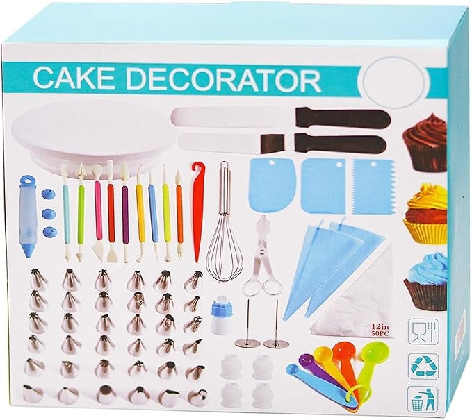 Souqzila professional cake decorating tools set with piping bags, icing tips, spatulas, scoops, and turntable