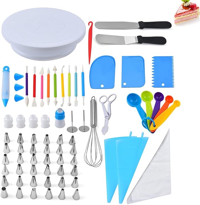 Souqzila professional cake decorating tools set with turntable, spatulas, piping bags, nozzles, measuring spoons, and sculpting tools