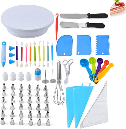 Souqzila professional cake decorating tools set with turntable, spatulas, piping bags, nozzles, measuring spoons, and sculpting tools