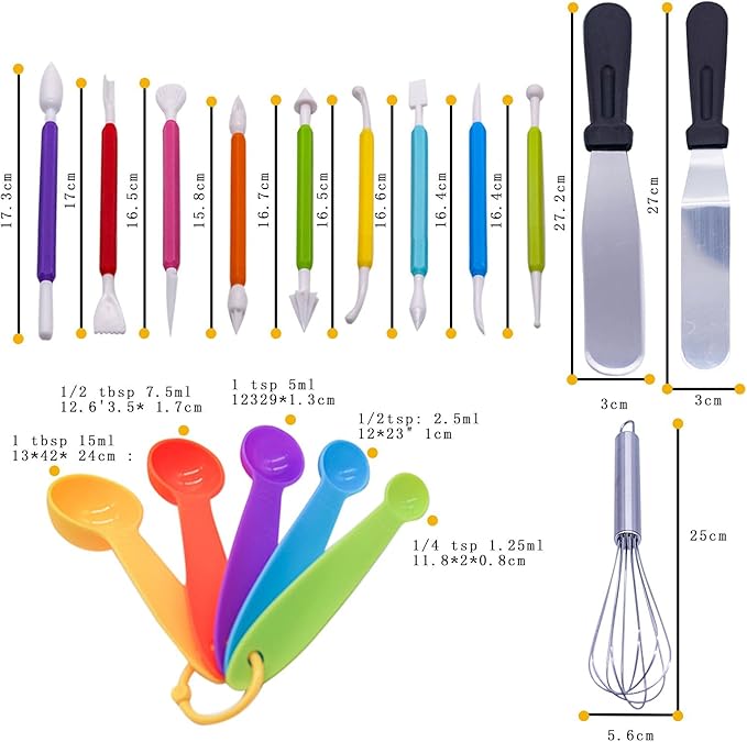 Souqzila professional cake decorating tools set with spatulas, sculpting tools, whisks, and measuring spoons