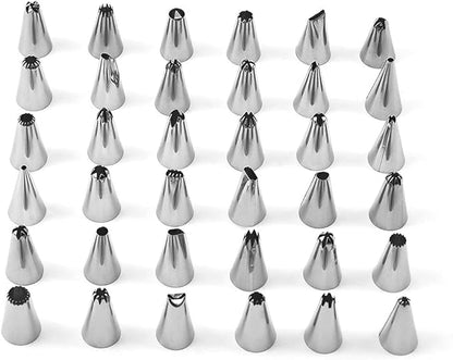 Set of Souqzila professional cake decorating tools with various stainless steel piping nozzles for detailed icing designs