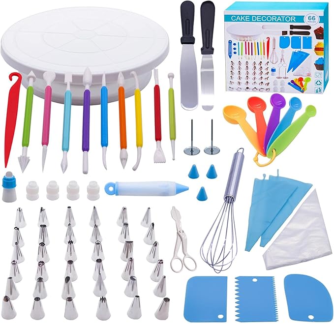 Souqzila professional cake decorating tools set with turntable spatulas piping tips scissors and measuring spoons