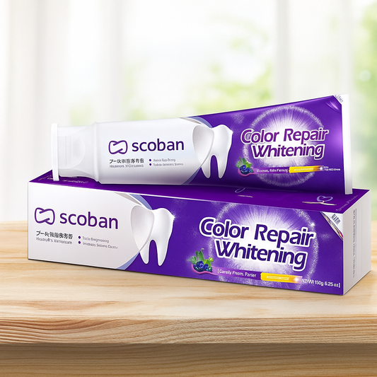 Scoban Color Repair Whitening toothpaste box and tube by Souqzila best teeth whitening solution