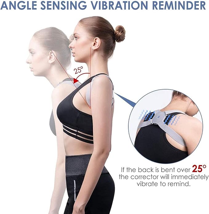 Smart posture corrector device by Souqzila worn by woman with angle sensing vibration reminder for back posture