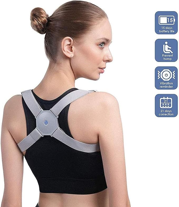 Souqzila smart posture corrector device worn by woman with adjustable straps preventing hump and vibration reminder