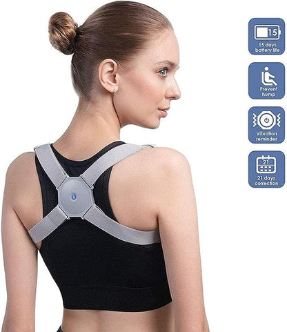 Souqzila smart posture corrector device worn by woman with adjustable straps preventing hump and vibration reminder