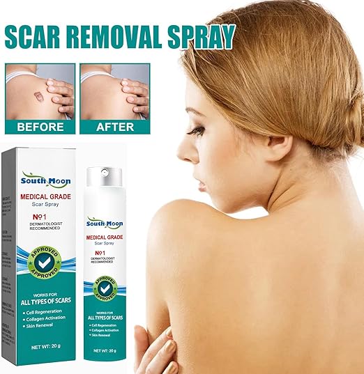 Souqzila medical grade scar spray with before and after results showing scar removal on shoulder