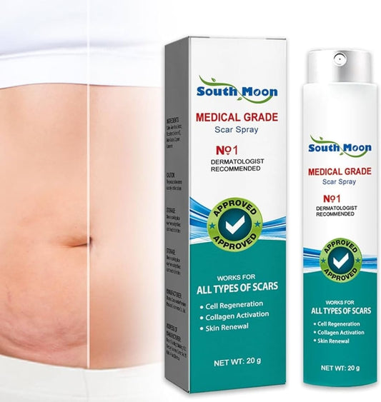 Souqzila South Moon medical grade scar spray bottle and packaging for all types of scars