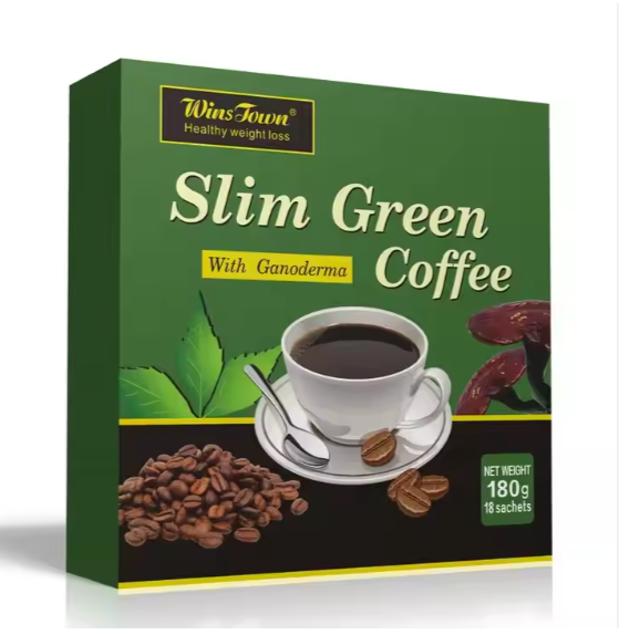 WinsTown Slim Green Coffee in a 180g box with Ganoderma for healthy weight loss, contains 18 sachets of slimming coffee powder