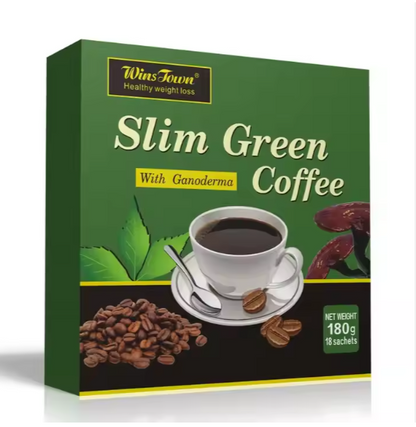 WinsTown Slim Green Coffee in a 180g box with Ganoderma for healthy weight loss, contains 18 sachets of slimming coffee powder
