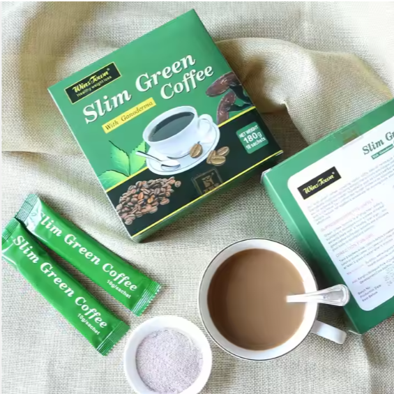 Souqzila Slimming Coffee Powder pack with cup, powder, and ingredients for weight management