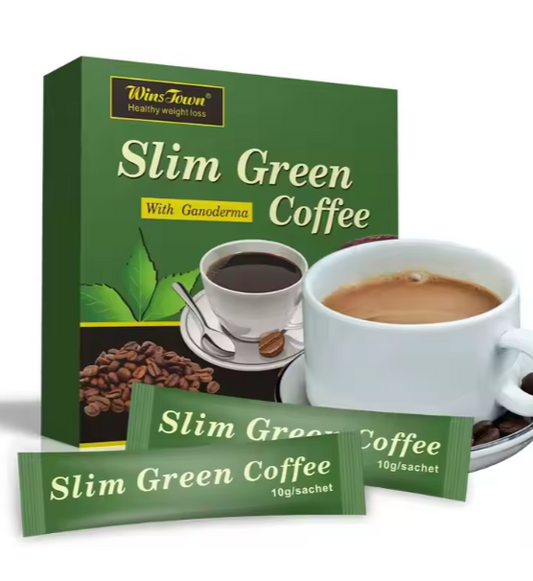 Souqzila Slimming Coffee Powder in sachets with a cup of brewed coffee and coffee beans