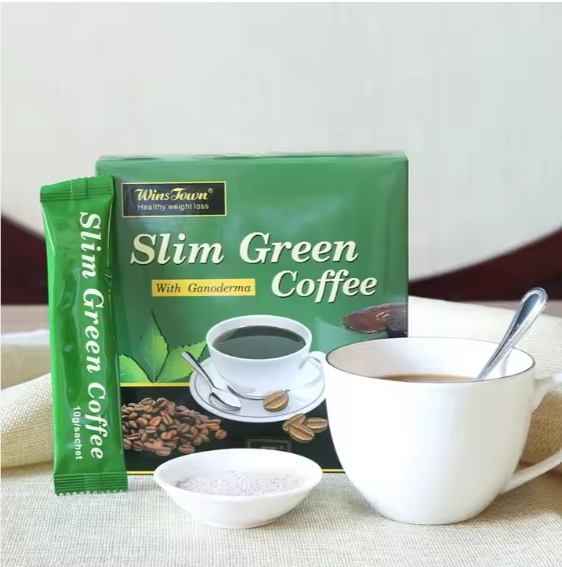 WinsTown Slim Green Coffee Powder for weight loss with Ganoderma in a cup and sachet