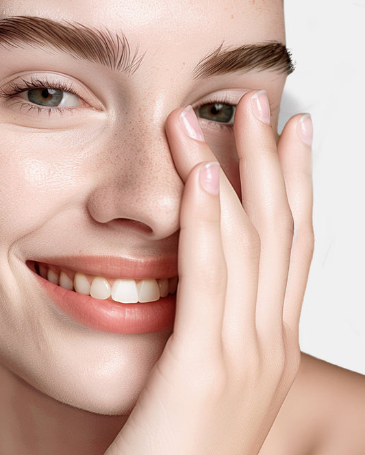 Close-up of a smiling woman with glowing skin representing the effects of hyaluronic acid serum