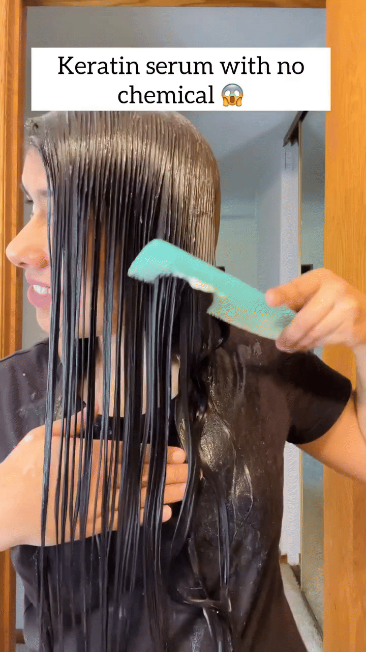 Lareen hair serum by Souqzila applied on wet hair with comb showcasing best hair growth serum effects