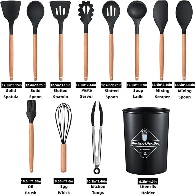 Souqzila heat resistant cooking utensils set with wooden handles including spatulas spoons whisk tongs and holder