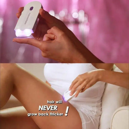 Finishing Touch hair epilator Souqzila shown removing hair from finger and bikini area with purple LED light